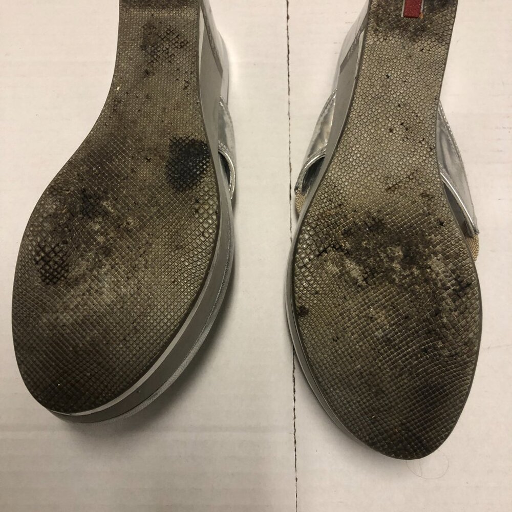 Prada silver platform wedge T-strap open toe leat… - image 9